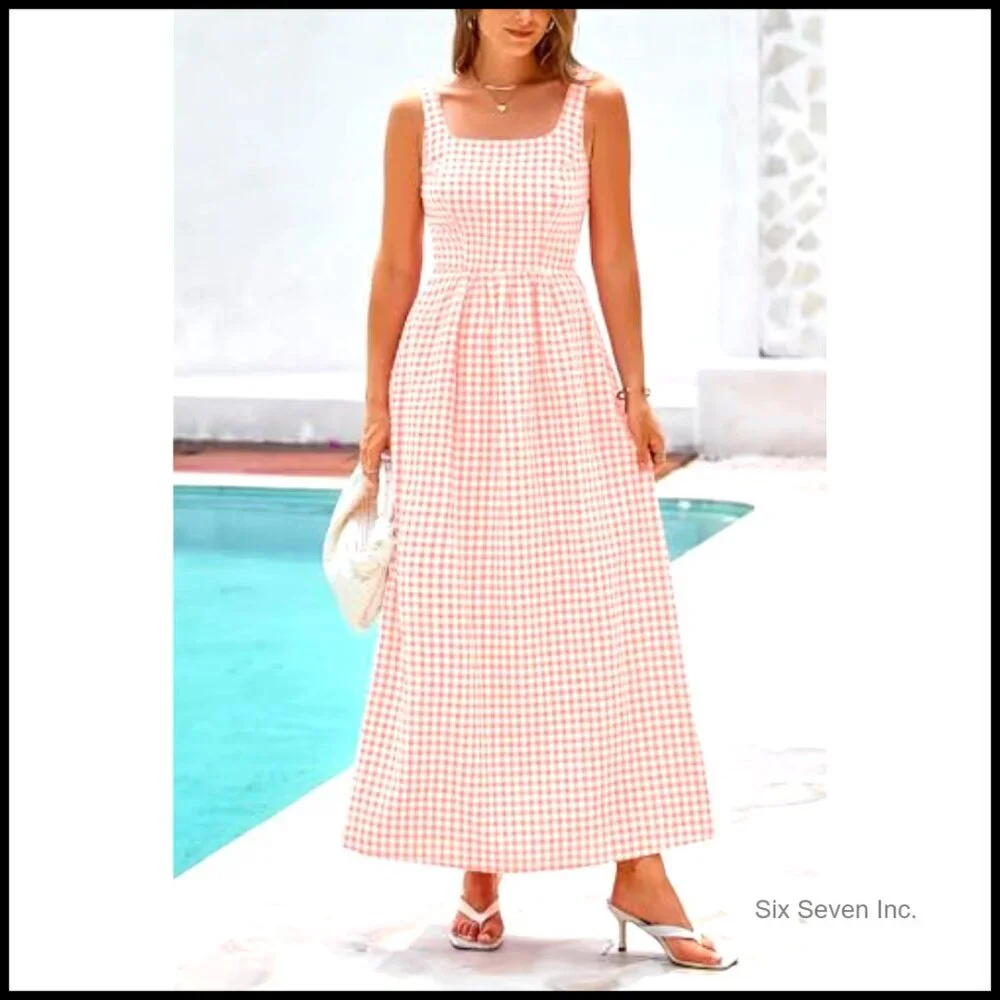 Plaid Maxi Sundress Square Neck Spaghetti Strap A-Line Smocked Back Pockets - Picture 5 of 7